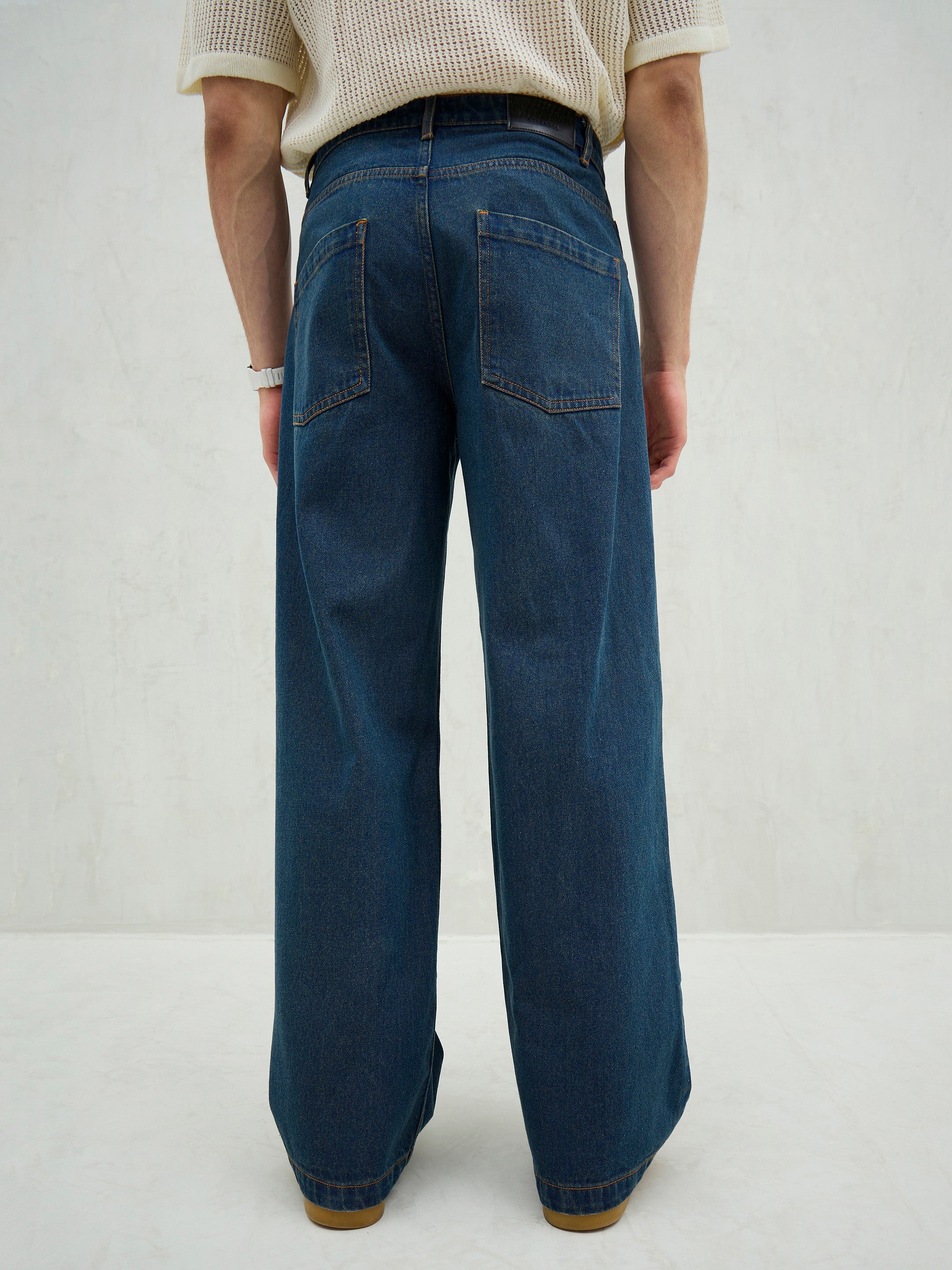 Blue Washed Knee Distressed Wide Leg Jeans-MASCLN SASSAFRAS