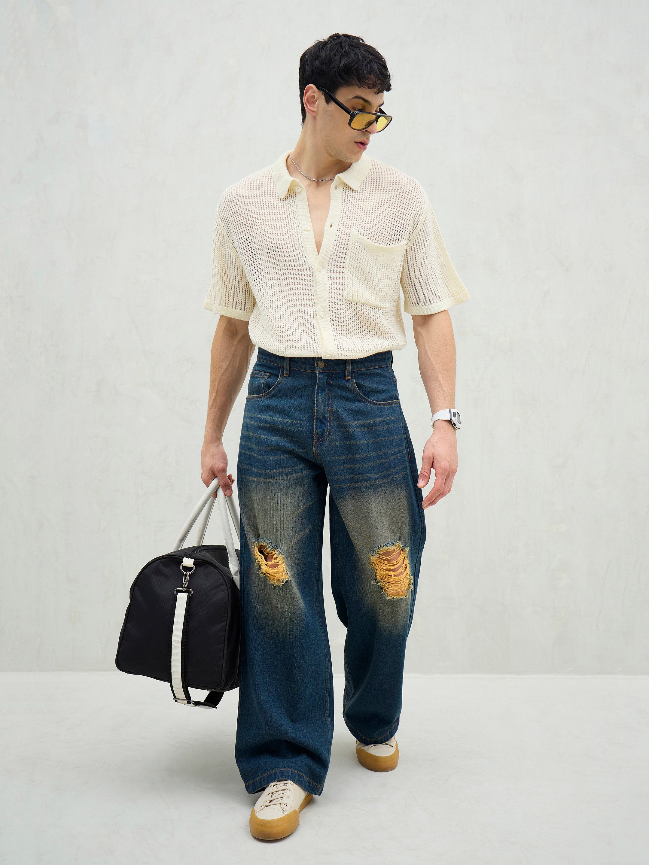 Blue Washed Knee Distressed Wide Leg Jeans-MASCLN SASSAFRAS