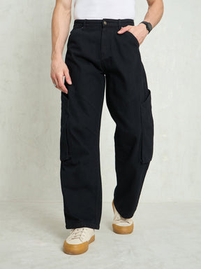 Black Big Cargo Pockets Wide Leg Jeans-MASCLN SASSAFRAS