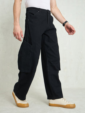 Black Big Cargo Pockets Wide Leg Jeans-MASCLN SASSAFRAS