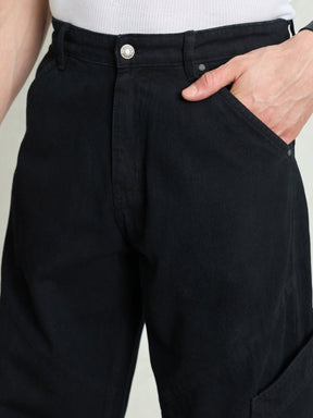 Black Big Cargo Pockets Wide Leg Jeans-MASCLN SASSAFRAS