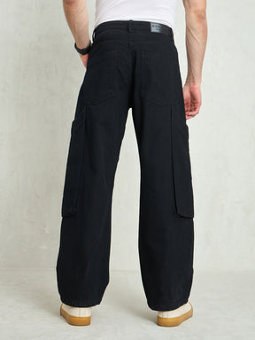 Black Big Cargo Pockets Wide Leg Jeans-MASCLN SASSAFRAS