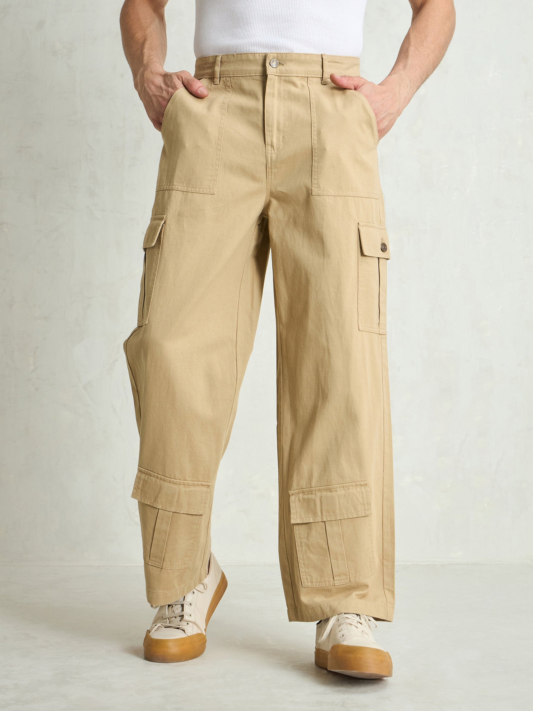 Beige Twill Utility Cargo Pockets Wide Leg Pants-MASCLN SASSAFRAS