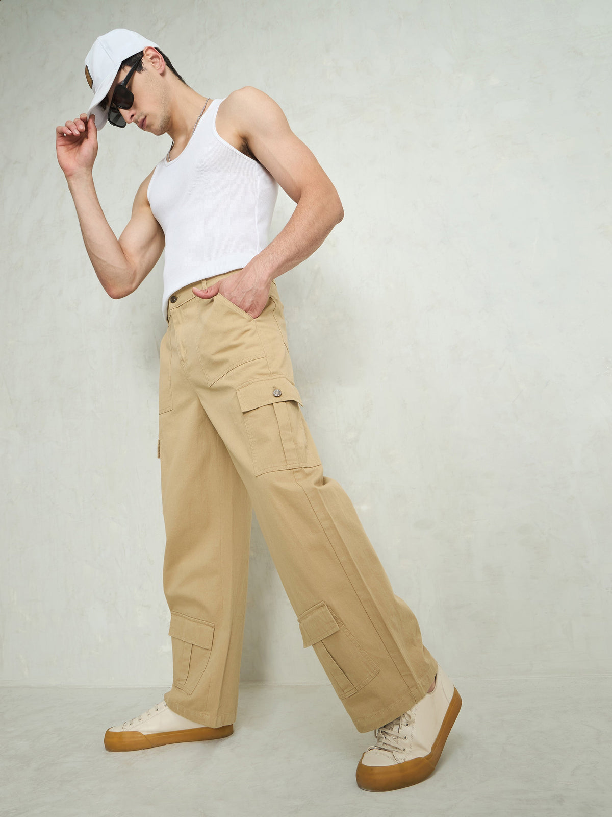 Beige Twill Utility Cargo Pockets Wide Leg Pants-MASCLN SASSAFRAS