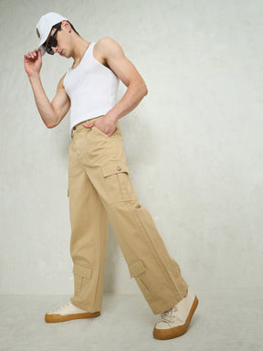 Beige Twill Utility Cargo Pockets Wide Leg Pants-MASCLN SASSAFRAS