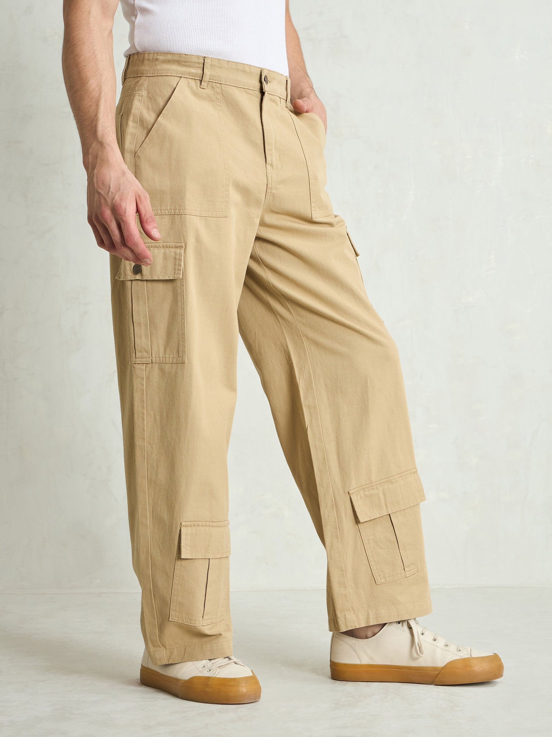 Beige Twill Utility Cargo Pockets Wide Leg Pants-MASCLN SASSAFRAS