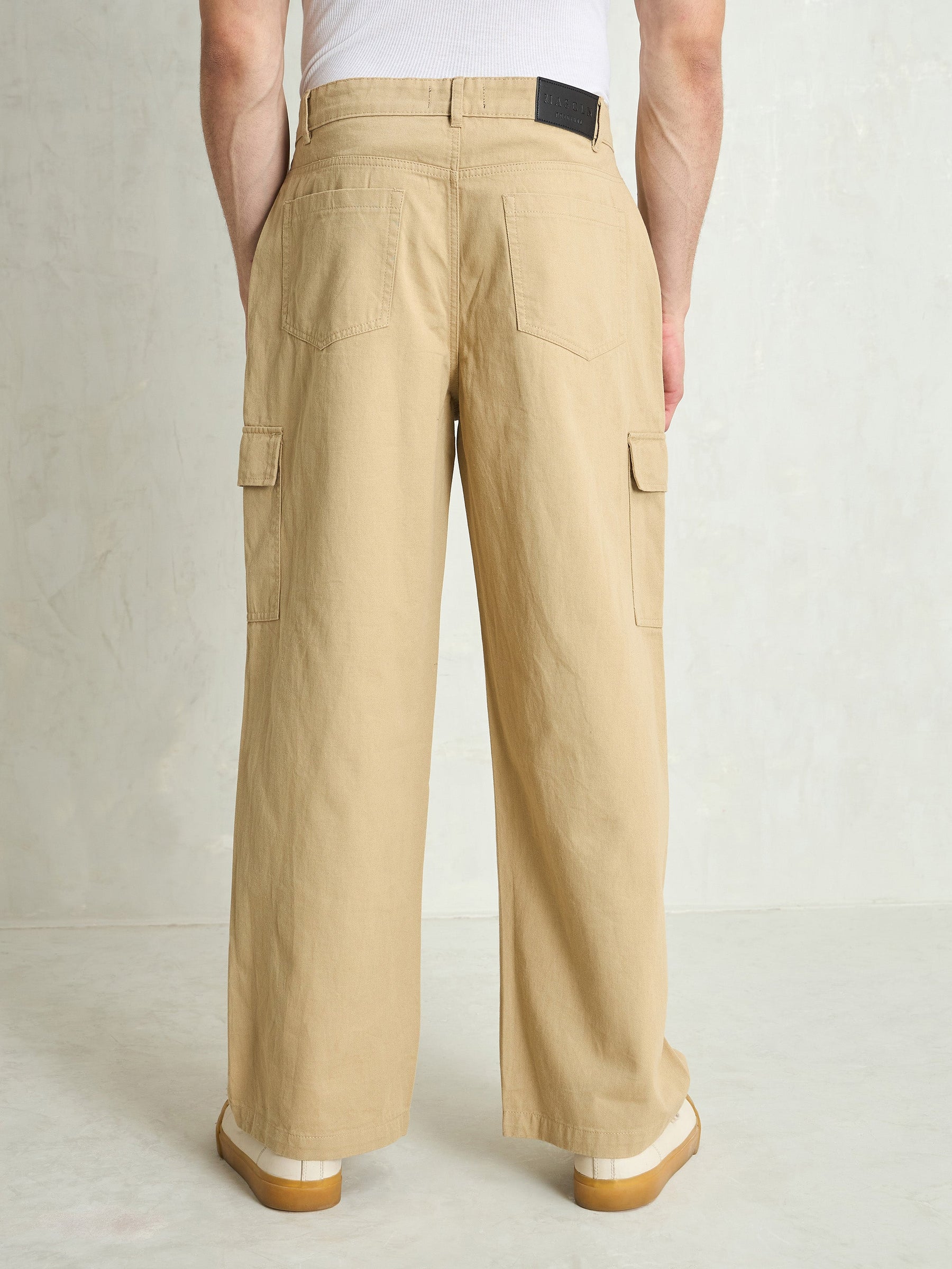 Beige Twill Utility Cargo Pockets Wide Leg Pants-MASCLN SASSAFRAS
