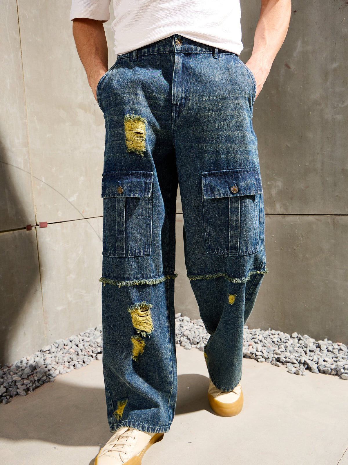 Blue Washed Distressed Wide Leg Jeans-MASCLN SASSAFRAS