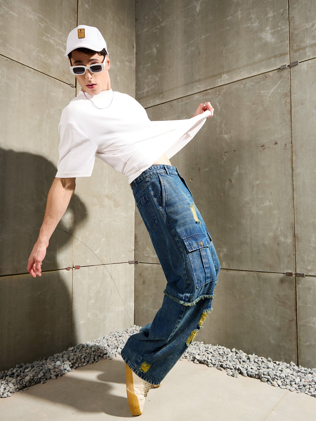 Blue Washed Distressed Wide Leg Jeans-MASCLN SASSAFRAS