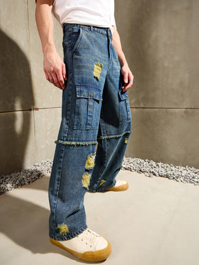 Blue Washed Distressed Wide Leg Jeans-MASCLN SASSAFRAS