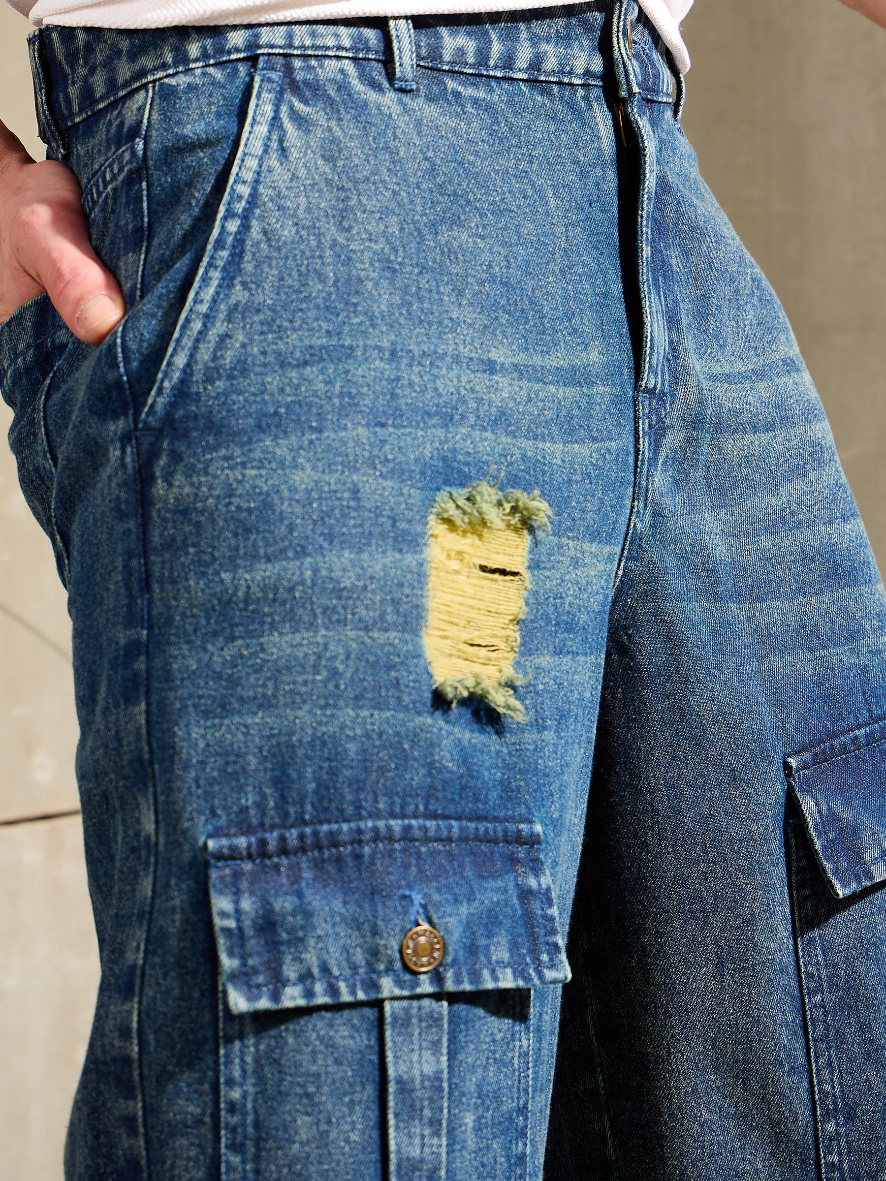 Blue Washed Distressed Wide Leg Jeans-MASCLN SASSAFRAS