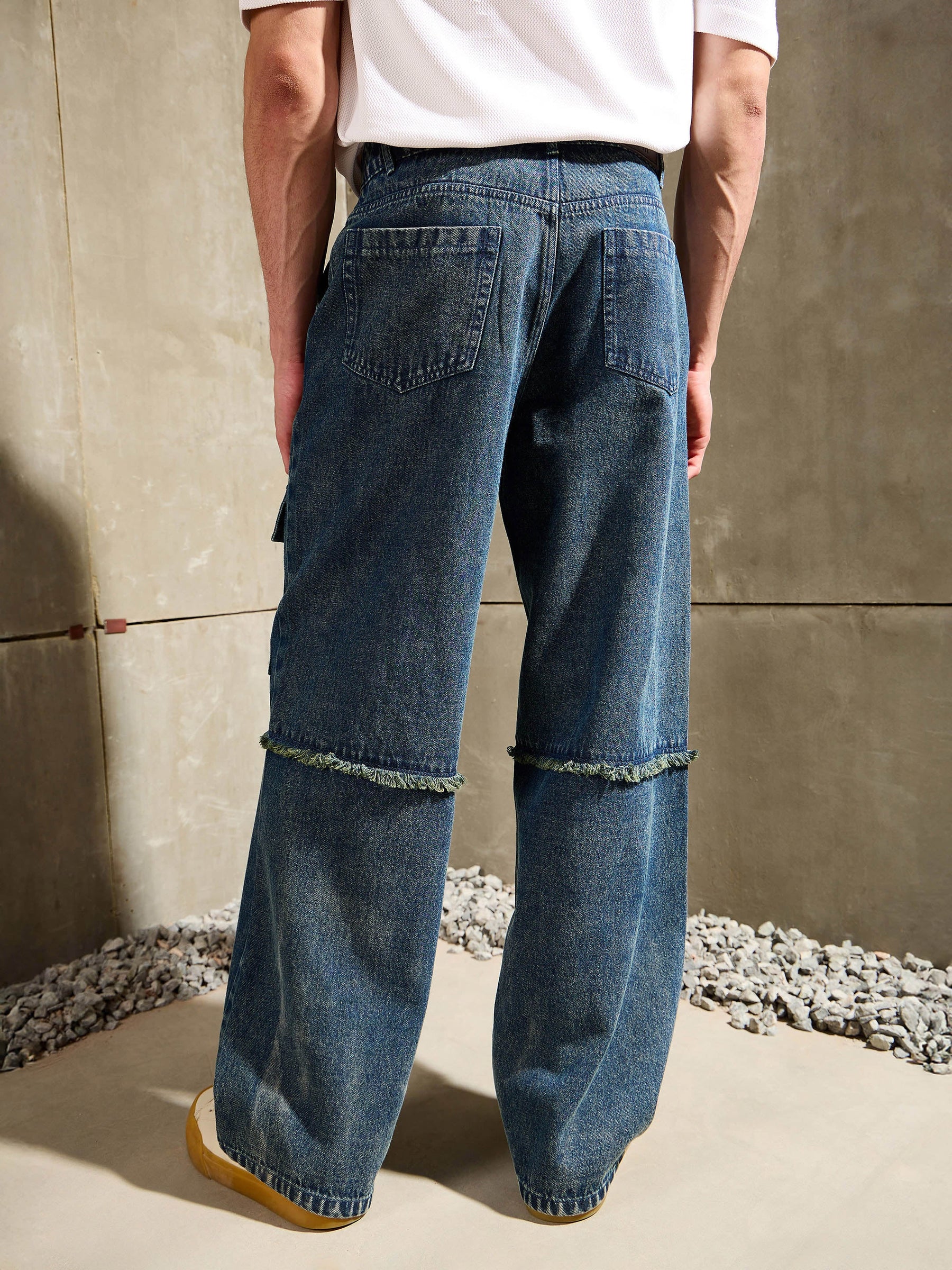 Blue Washed Distressed Wide Leg Jeans-MASCLN SASSAFRAS