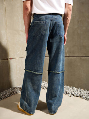 Blue Washed Distressed Wide Leg Jeans-MASCLN SASSAFRAS