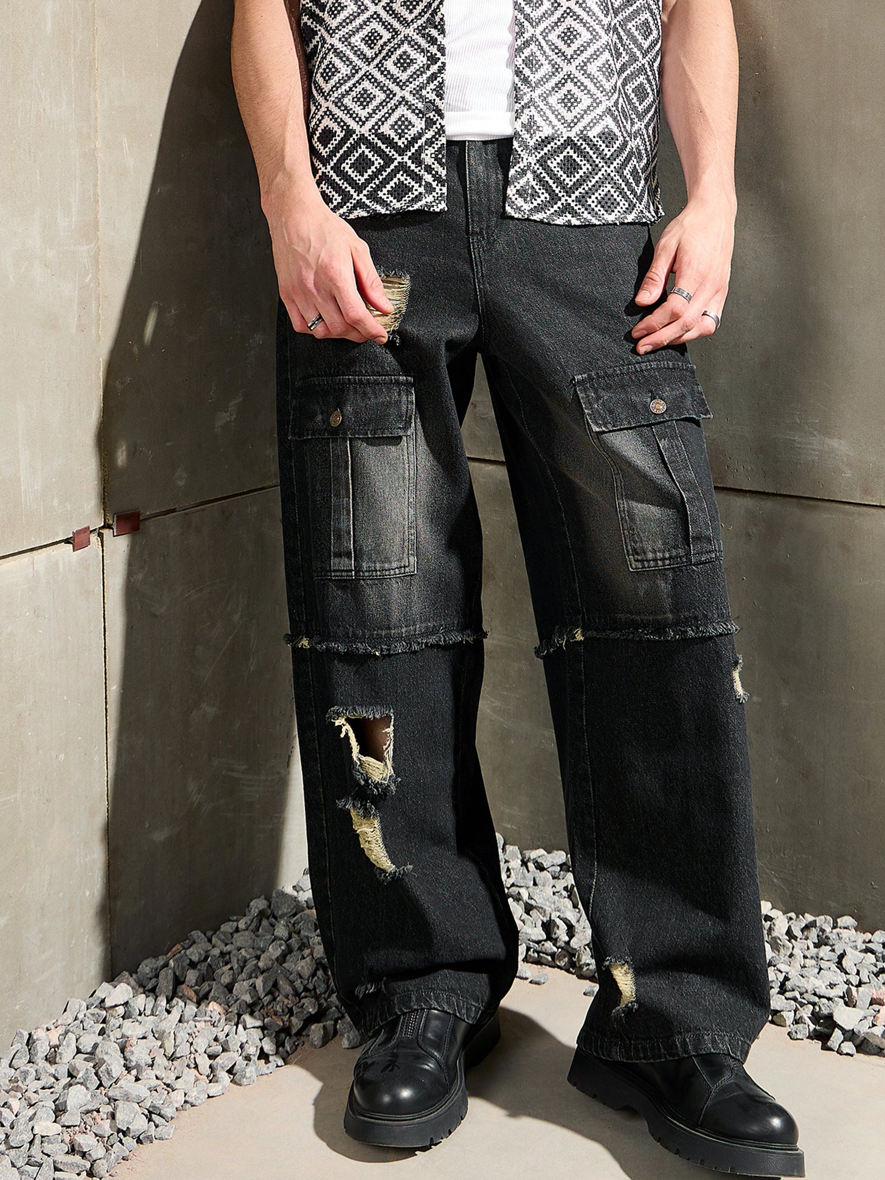 Black Washed Distressed Wide Leg Jeans-MASCLN SASSAFRAS
