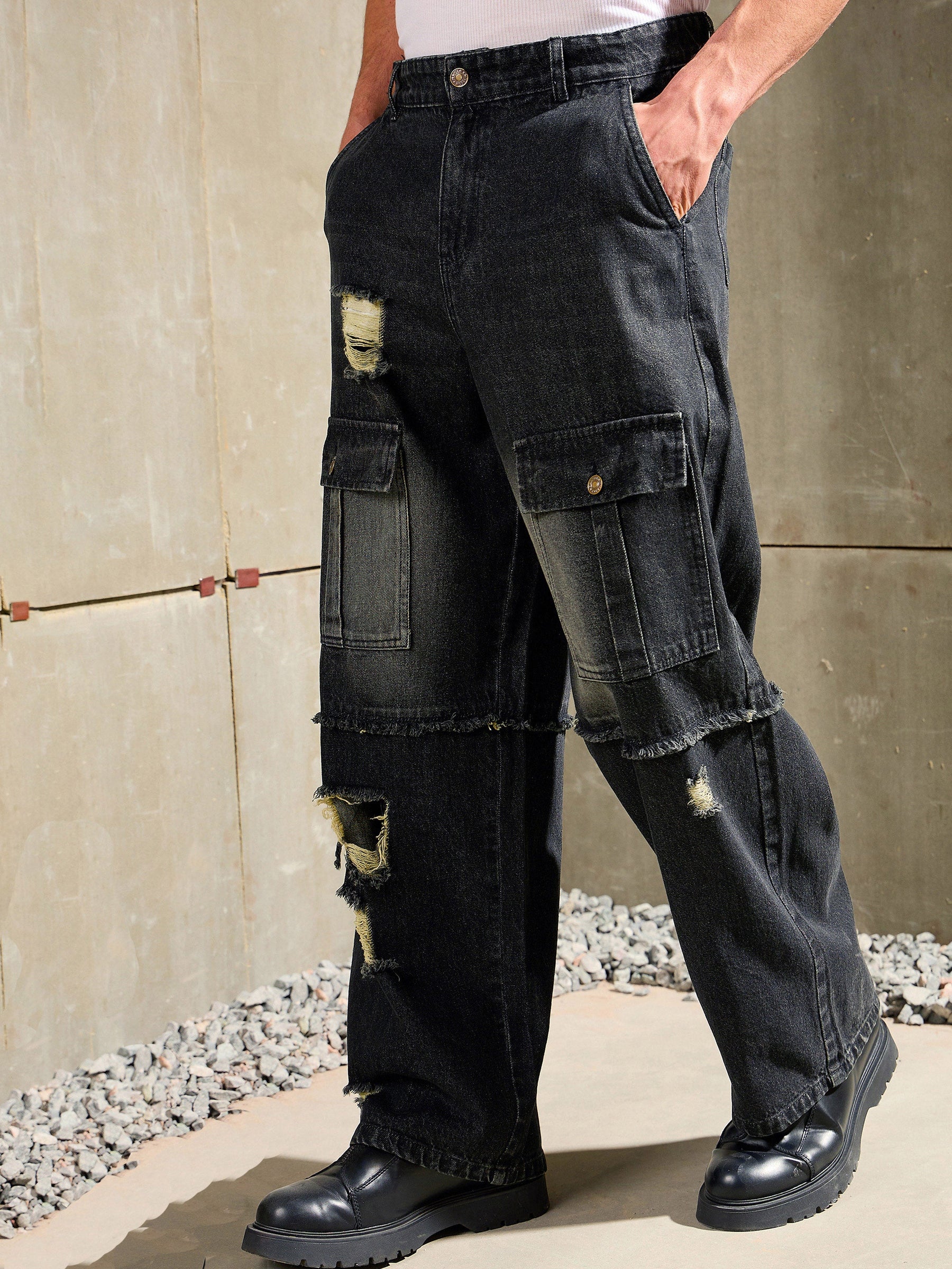 Black Washed Distressed Wide Leg Jeans-MASCLN SASSAFRAS