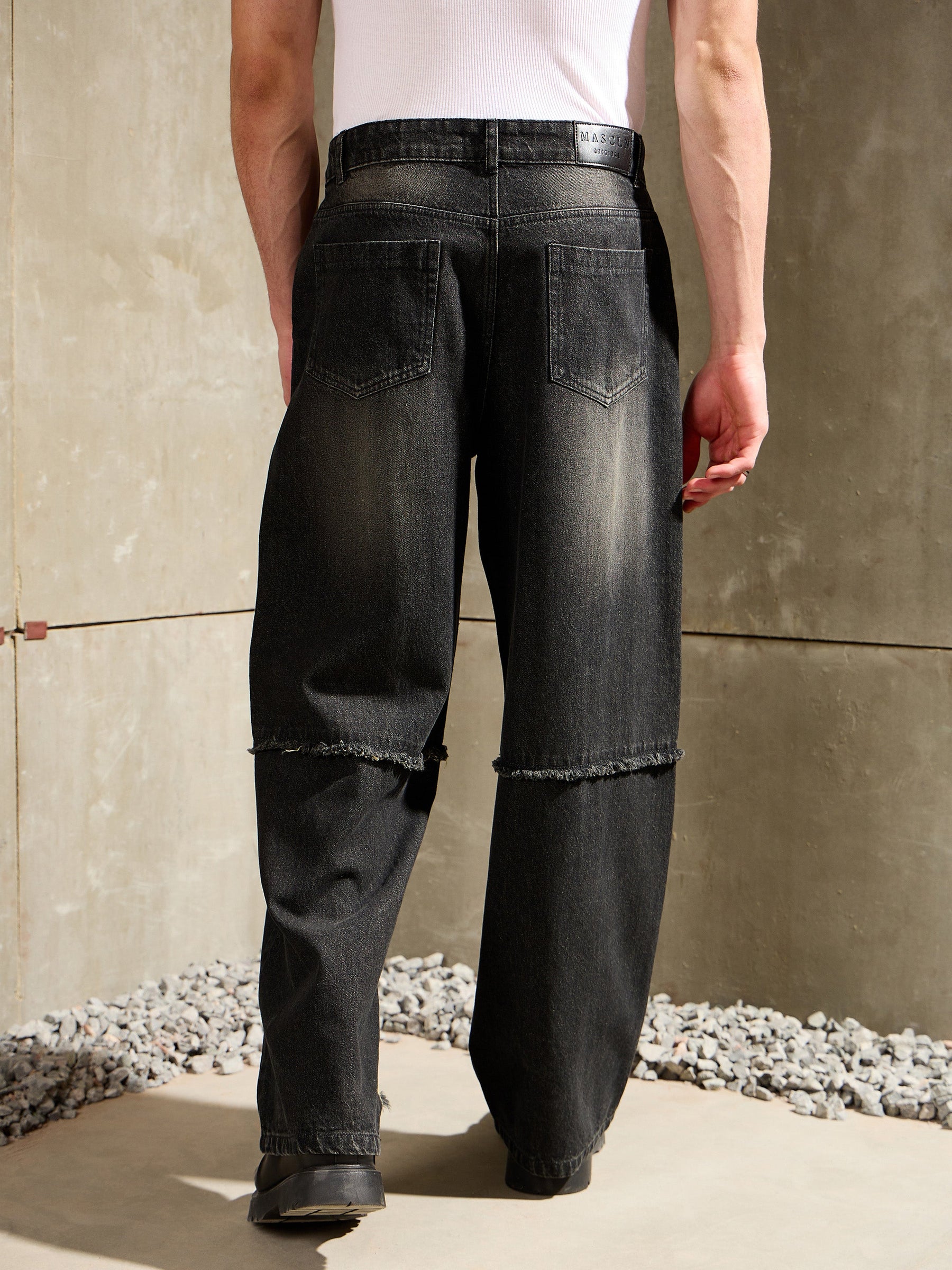 Black Washed Distressed Wide Leg Jeans-MASCLN SASSAFRAS