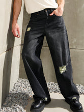 Black Distressed Whisker Wash Wide Leg Jeans-MASCLN SASSAFRAS