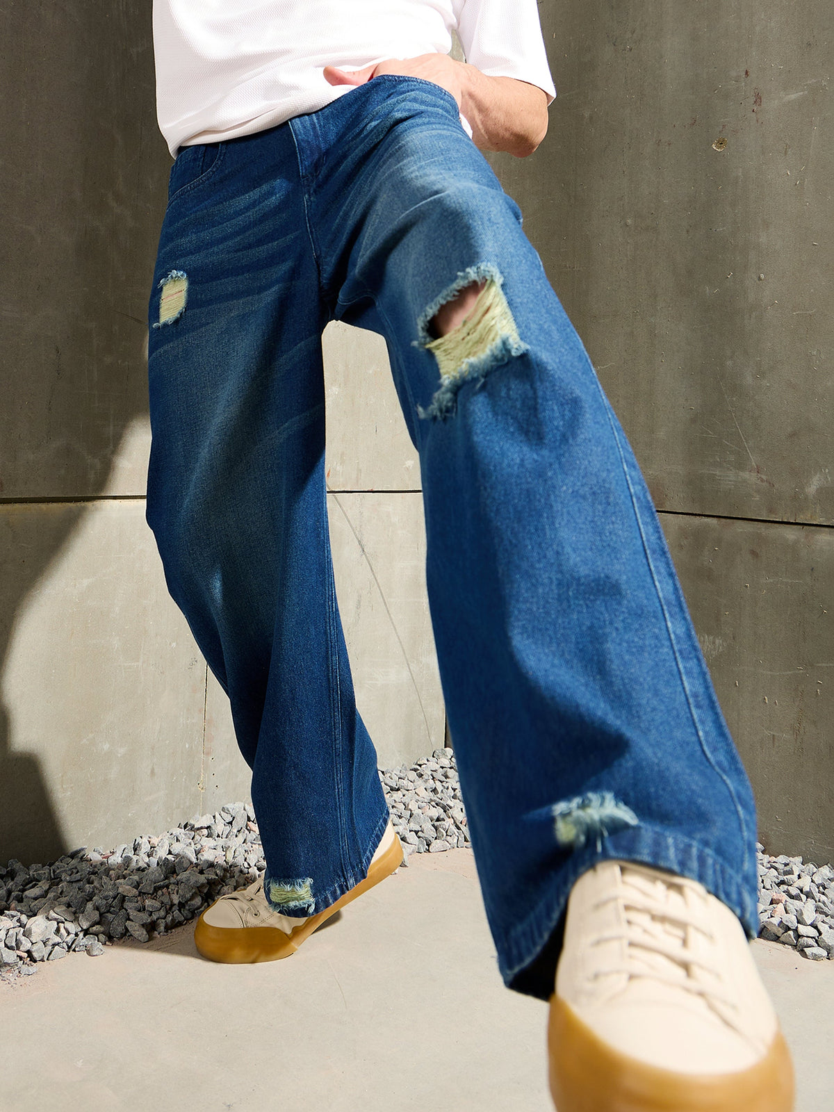 Blue Distressed Whisker Wash Wide Leg Jeans-MASCLN SASSAFRAS