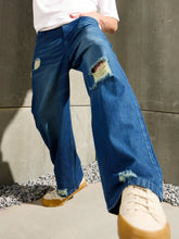 Blue Distressed Whisker Wash Wide Leg Jeans-MASCLN SASSAFRAS