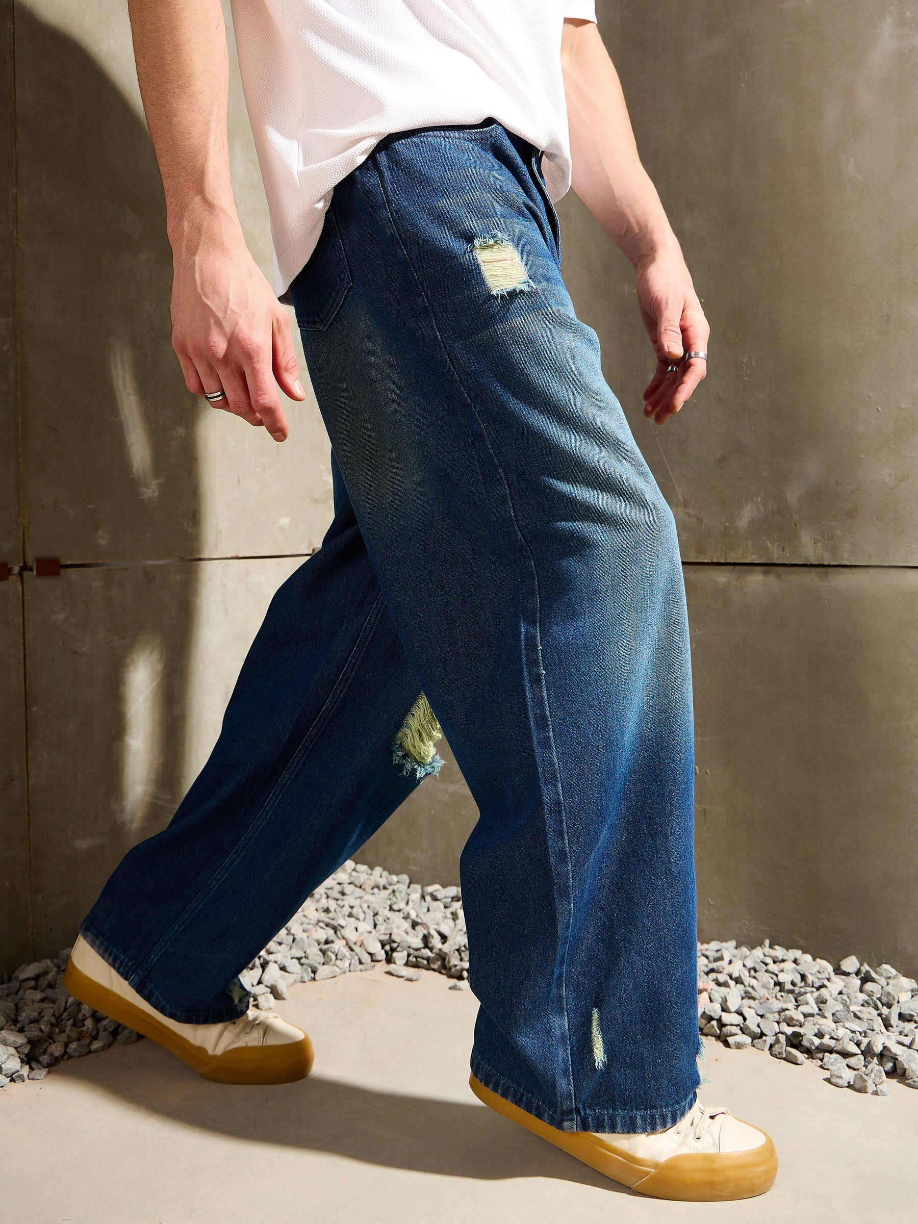 Blue Distressed Whisker Wash Wide Leg Jeans-MASCLN SASSAFRAS