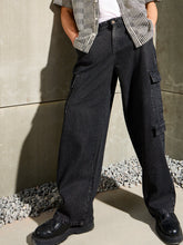 Black Wash Wide Leg Cargo Jeans-MASCLN SASSAFRAS