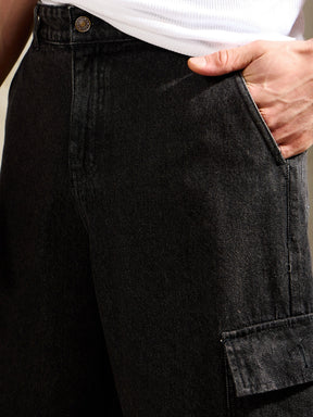 Black Wash Wide Leg Cargo Jeans-MASCLN SASSAFRAS