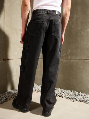Black Wash Wide Leg Cargo Jeans-MASCLN SASSAFRAS