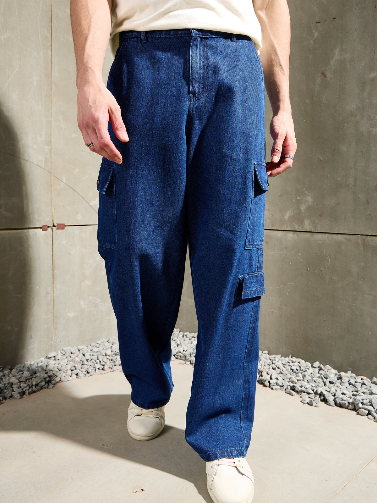Navy Blue Wide Leg Cargo Jeans-MASCLN SASSAFRAS