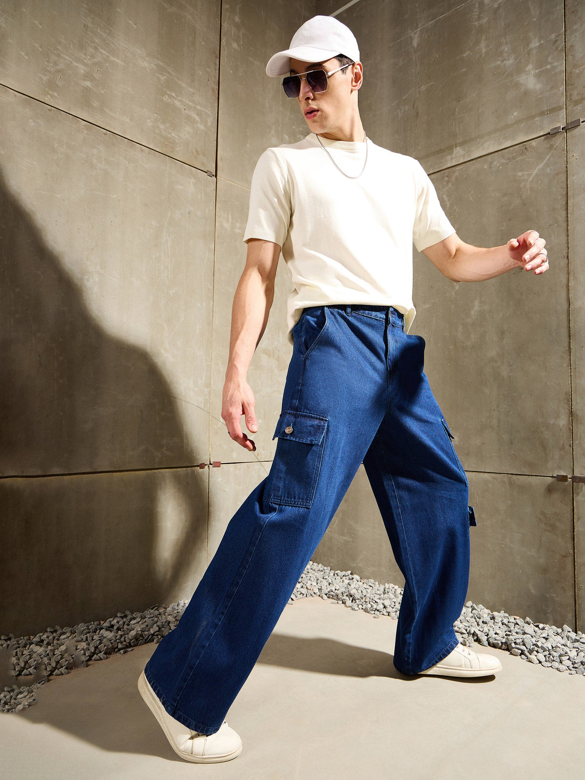 Navy Blue Wide Leg Cargo Jeans-MASCLN SASSAFRAS