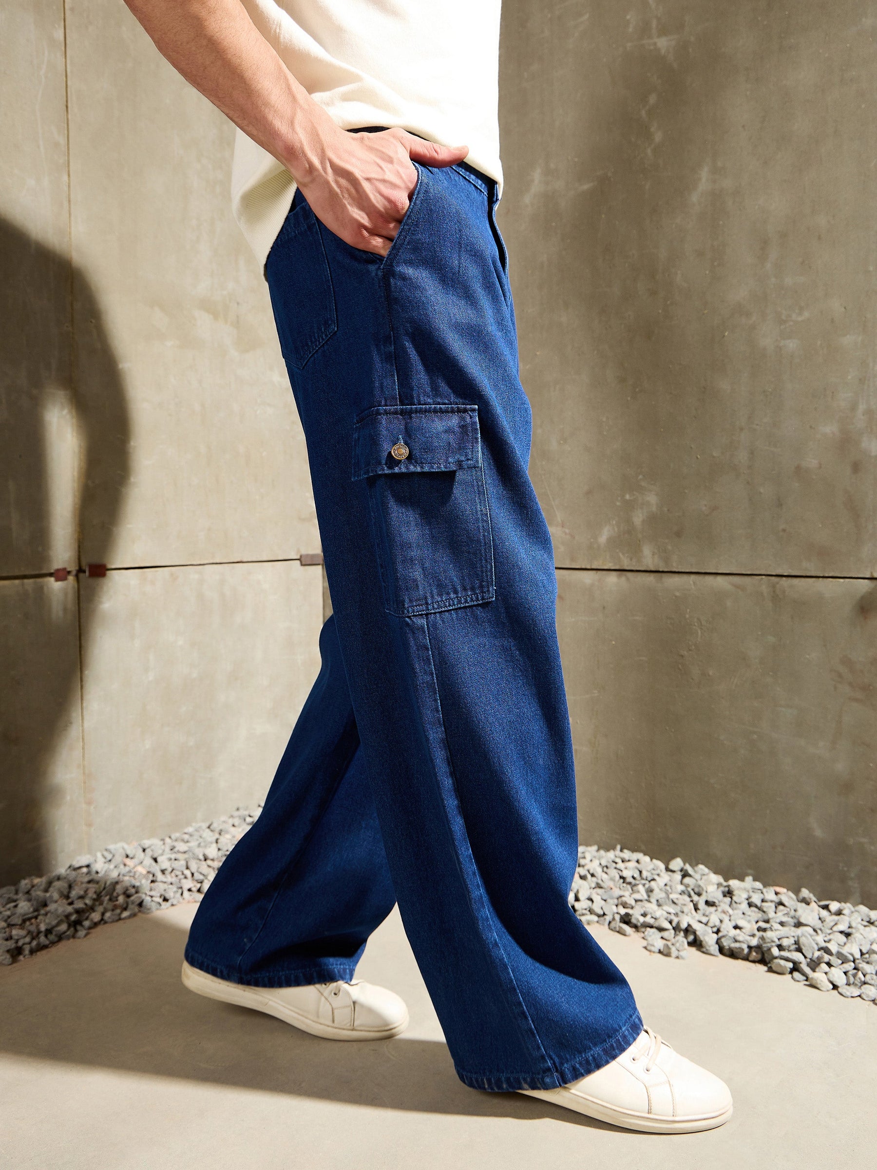 Navy Blue Wide Leg Cargo Jeans-MASCLN SASSAFRAS