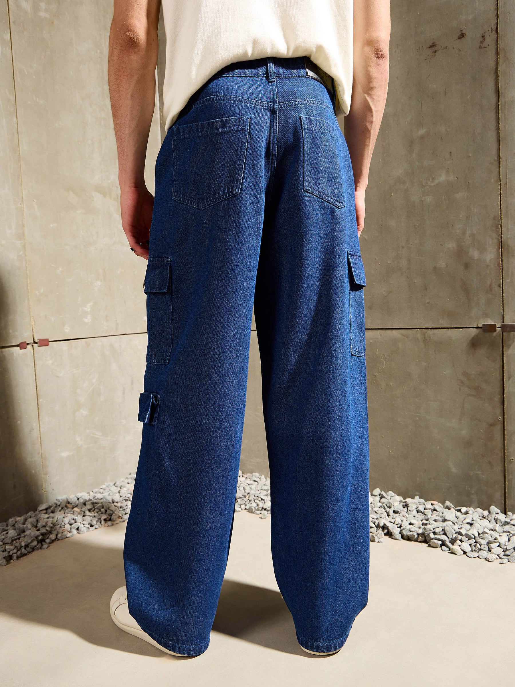 Navy Blue Wide Leg Cargo Jeans-MASCLN SASSAFRAS