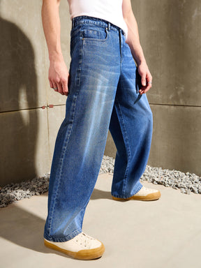 Navy Blue Whisker Wash Wide Leg Jeans-MASCLN SASSAFRAS