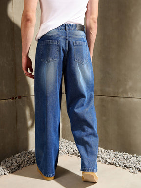 Navy Blue Whisker Wash Wide Leg Jeans-MASCLN SASSAFRAS