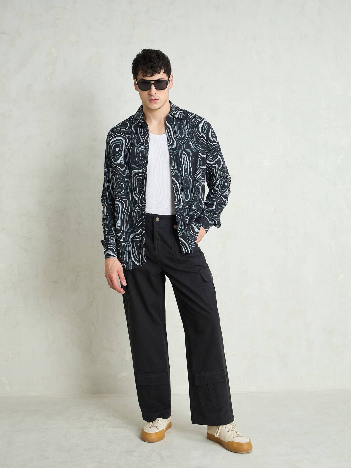 Black Twill Utility Cargo Pockets Wide Leg Pants-MASCLN SASSAFRAS
