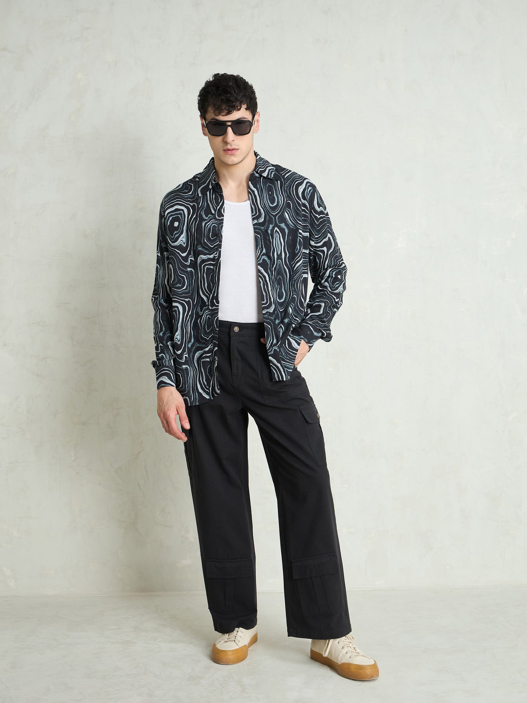 Black Twill Utility Cargo Pockets Wide Leg Pants-MASCLN SASSAFRAS