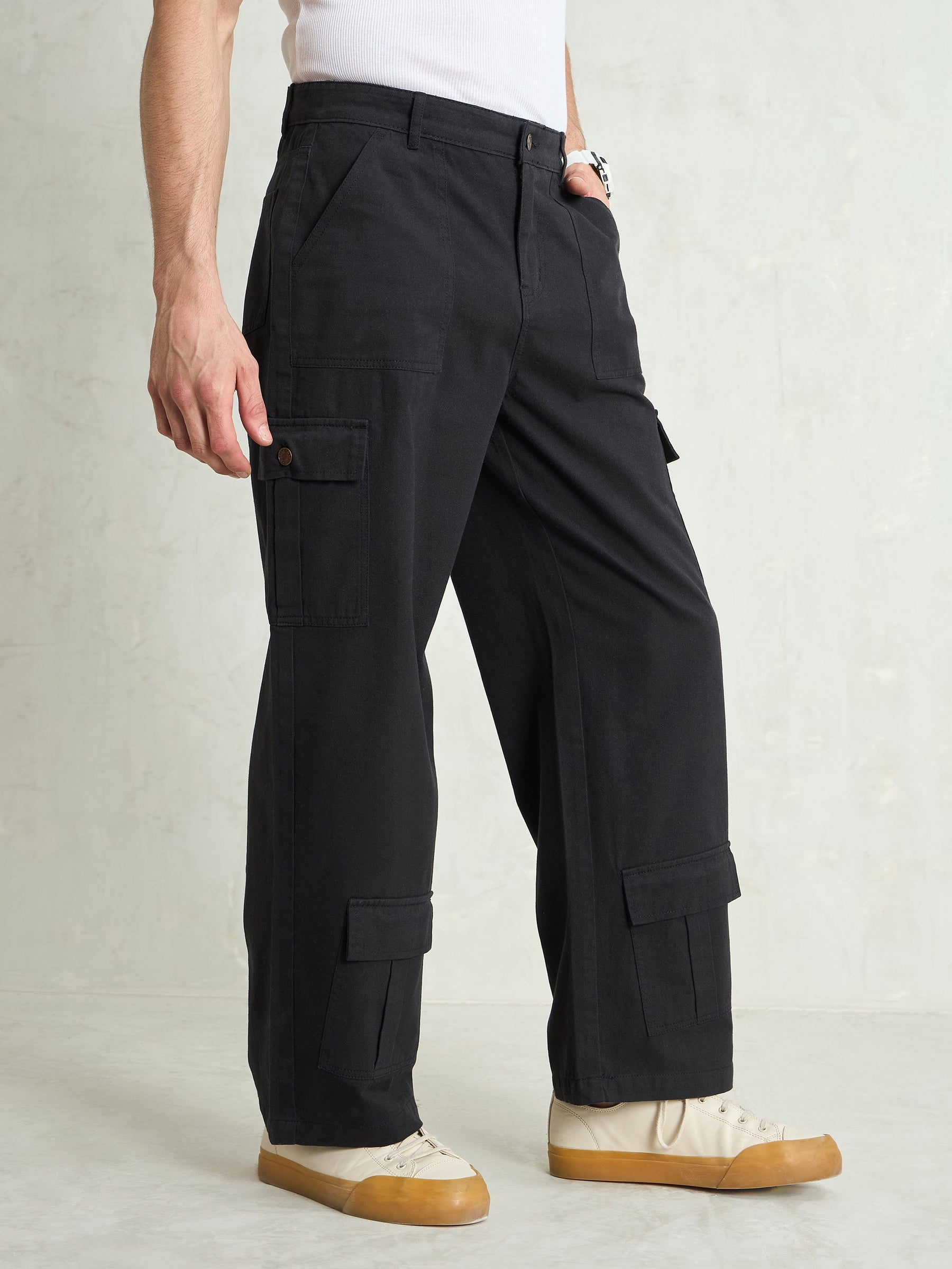 Black Twill Utility Cargo Pockets Wide Leg Pants-MASCLN SASSAFRAS