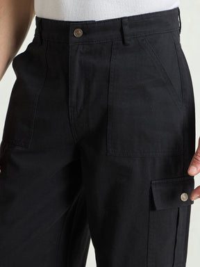 Black Twill Utility Cargo Pockets Wide Leg Pants-MASCLN SASSAFRAS