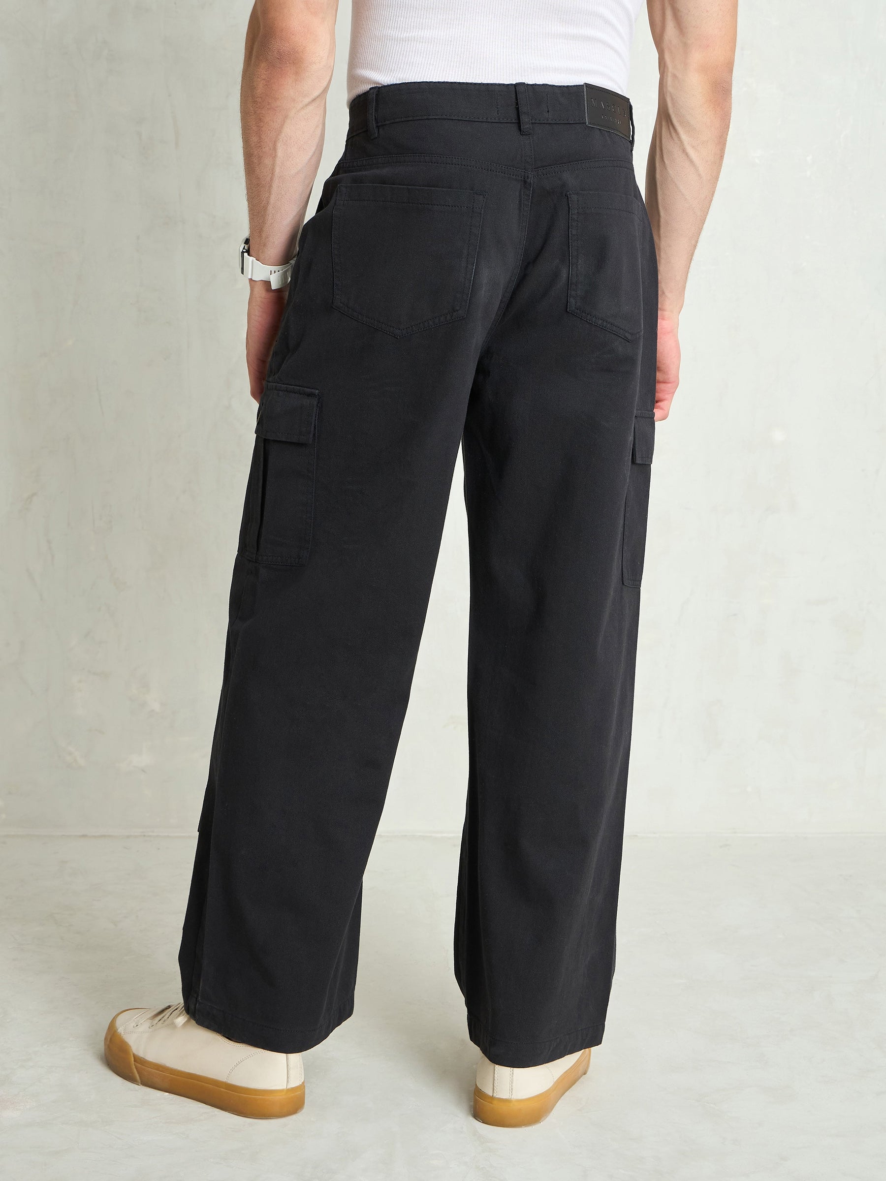 Black Twill Utility Cargo Pockets Wide Leg Pants-MASCLN SASSAFRAS