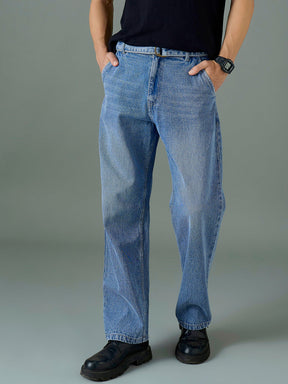 Light Blue Wash Front Belted Relax Fit Jeans-MASCLN SASSAFRAS