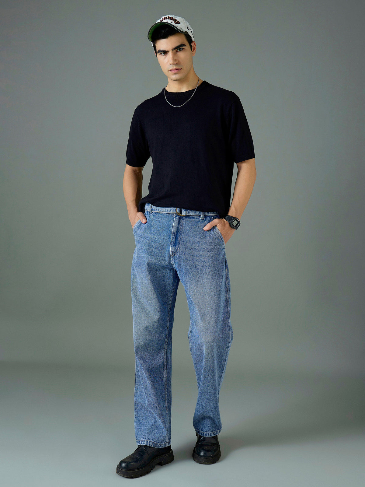 Light Blue Wash Front Belted Relax Fit Jeans-MASCLN SASSAFRAS