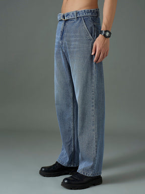 Light Blue Wash Front Belted Relax Fit Jeans-MASCLN SASSAFRAS