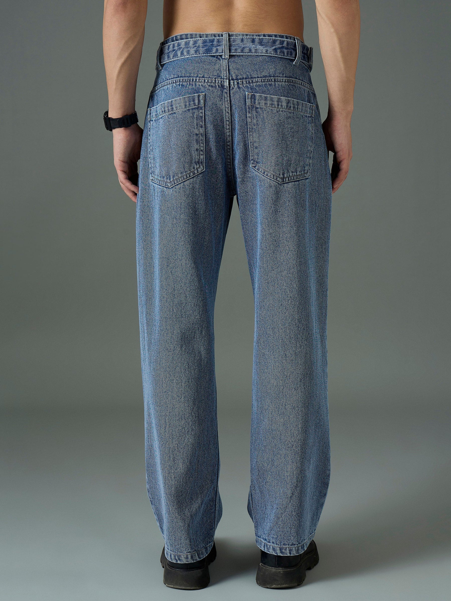 Light Blue Wash Front Belted Relax Fit Jeans-MASCLN SASSAFRAS