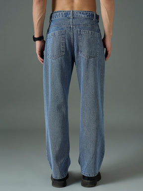 Light Blue Wash Front Belted Relax Fit Jeans-MASCLN SASSAFRAS