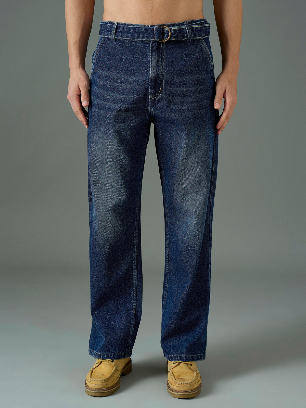 Navy Blue Wash Front Belted Relax Fit Jeans-MASCLN SASSAFRAS