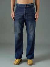 Navy Blue Wash Front Belted Relax Fit Jeans-MASCLN SASSAFRAS