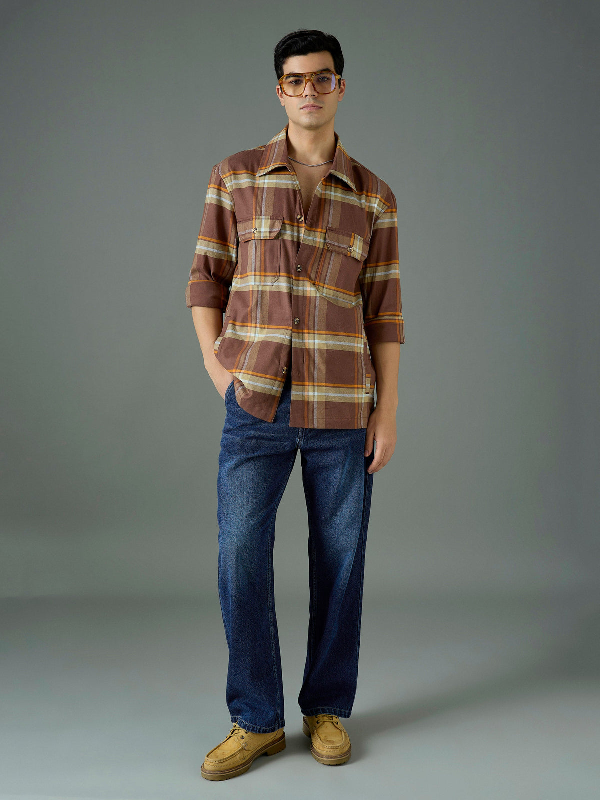 Navy Blue Wash Front Belted Relax Fit Jeans-MASCLN SASSAFRAS