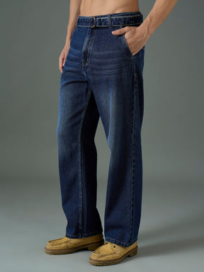 Navy Blue Wash Front Belted Relax Fit Jeans-MASCLN SASSAFRAS