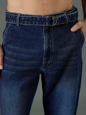 Navy Blue Wash Front Belted Relax Fit Jeans-MASCLN SASSAFRAS