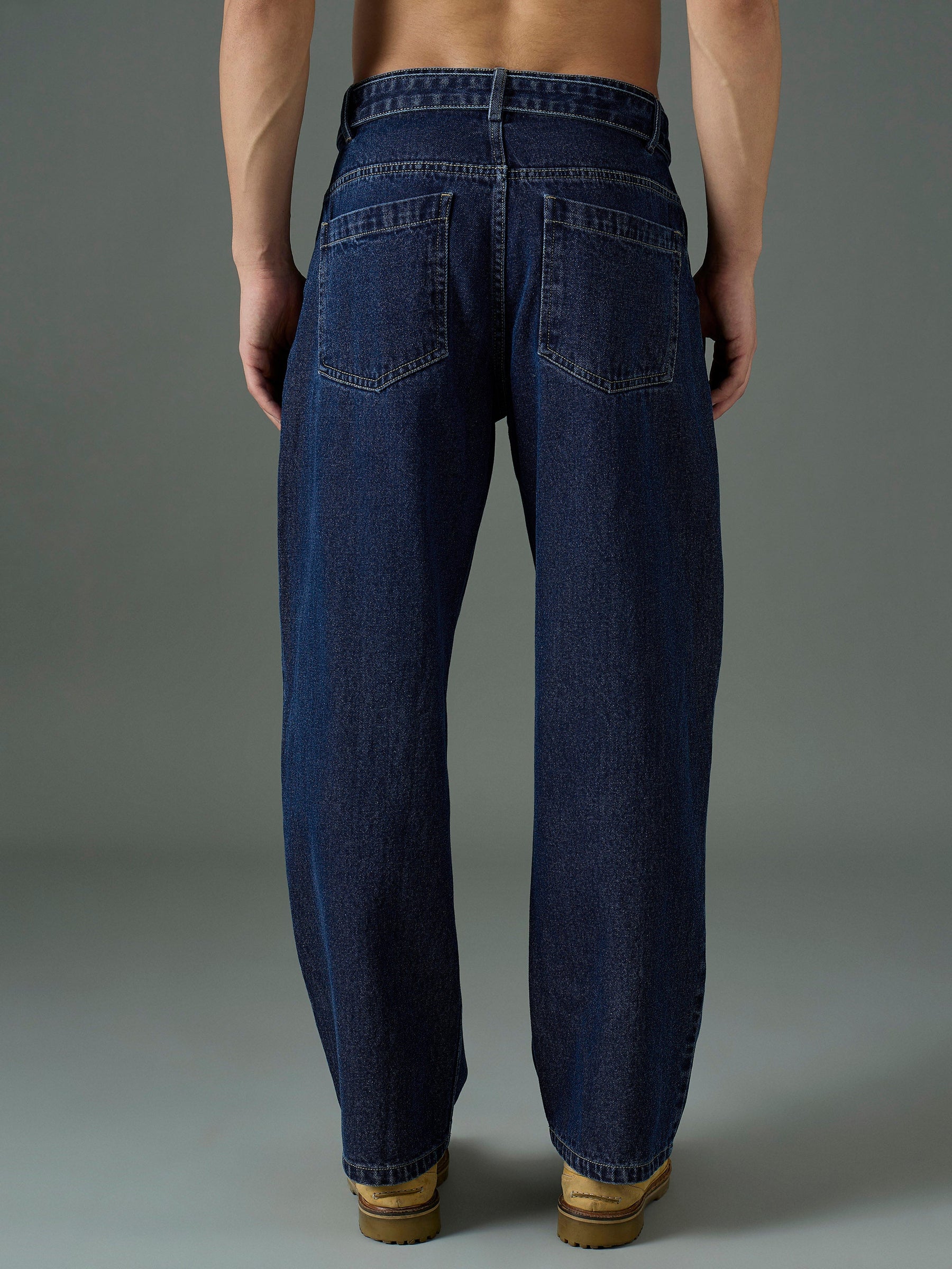 Navy Blue Wash Front Belted Relax Fit Jeans-MASCLN SASSAFRAS