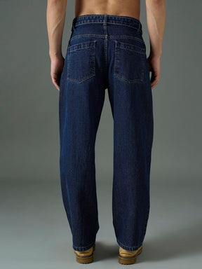 Navy Blue Wash Front Belted Relax Fit Jeans-MASCLN SASSAFRAS